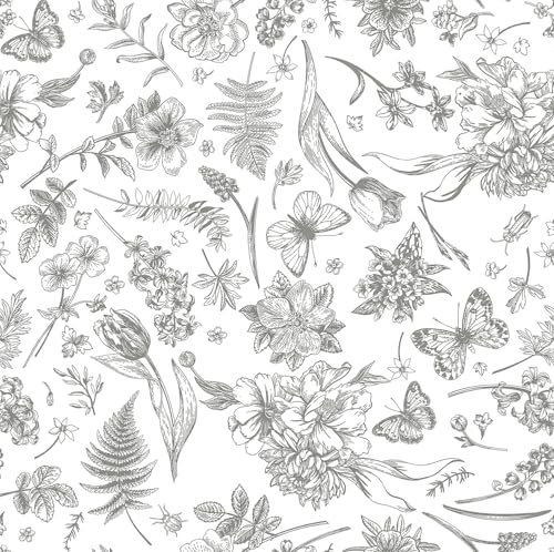 CiCiwind Peel and Stick Wallpaper White Gray Floral Wallpaper 44CM×3M Waterproof Self Adhesive Wallpaper Flower Leaf Butterfly Stick on Wallpaper Removable Sticky Back Plastic Wall Cabinets Vinyl Wrap