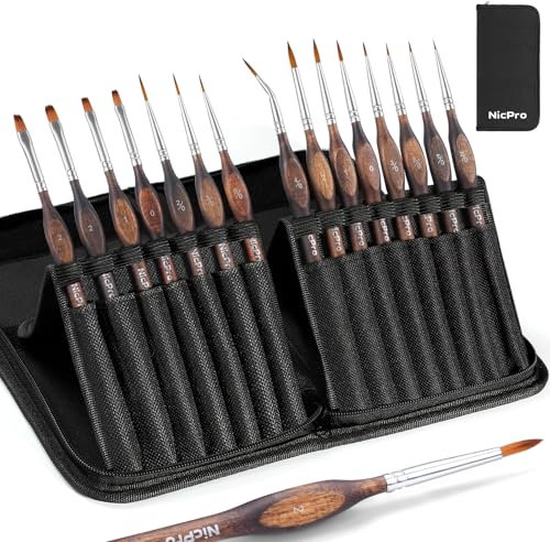 Nicpro 15PCS Miniature Paint Brushes, Model Paint Brush Set with Nylon Case for Acrylic Oil Watercolour, Micro Detail Paint Brushes for Model, Miniature Painting, Fine Detailing, Paint by Numbers