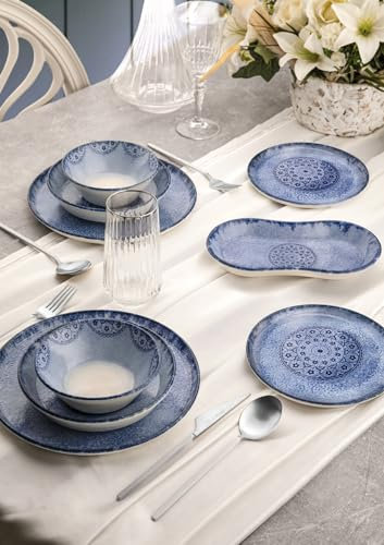 Service de dîner bleu de 27 pièces, 100% porcelaine, avec assiettes de service, bols, assiettes à dessert et assiettes de bateau. Passe au lave-vaisselle et au micro-ondes