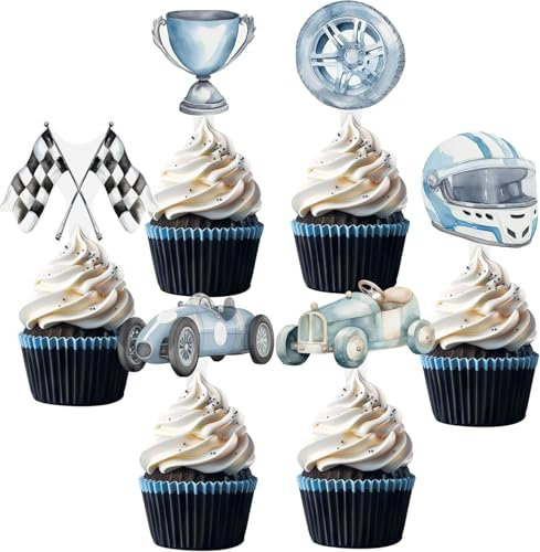 36 Stück Tortendeko Rennwagen Auto Tortendeko Cars Cupcake Deko Muffin Topper Kindergeburtstag Sportwagen, Räder, Flaggen, Trophäen Kuchen Topper