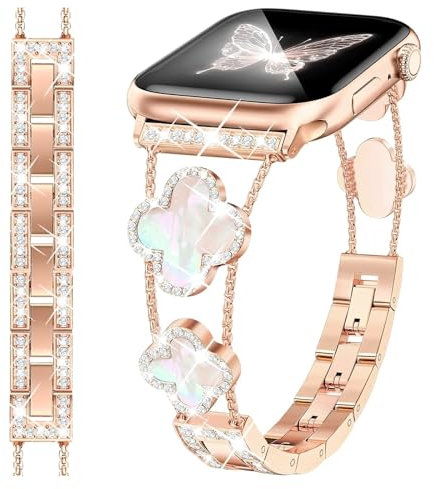 fitonyo Bracelet Bling Diamond Clover compatible avec Apple Watch 10, 9, 8, 7, 6, 5, 4, 3, 2, 1, SE, Sparkle Bling Diamond pour iWatch 38 mm, 40 mm, 41 mm, 42 mm, 44 mm, 45 mm, 46 mm, 49 mm, L(42/44