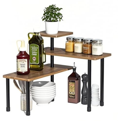 Accmuzzy Küchenregal,3-stufiges Eckregal Küche Arbeitsplatte aus Holz,Verstellbarer Küchen Organizer für Gewürze,Kaffee & Bad,Küchenaufbewahrung für Arbeitsplatte,Tischregal, Stehendes Eckregal