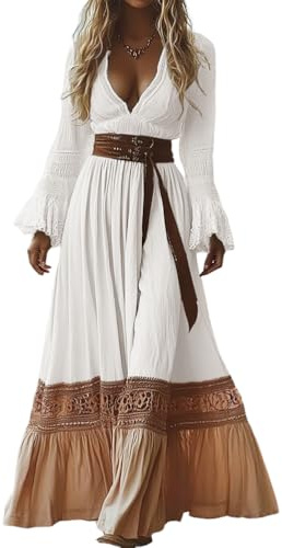 ORANDESIGNE Damen Langes Boho Kleid Vintage Rustikaler Stil V-Ausschnitt Kleid mit Blumenmuster Lässiges Maxikleid Frühling Langarm Blumenkleid Western Country Chiffonkleid