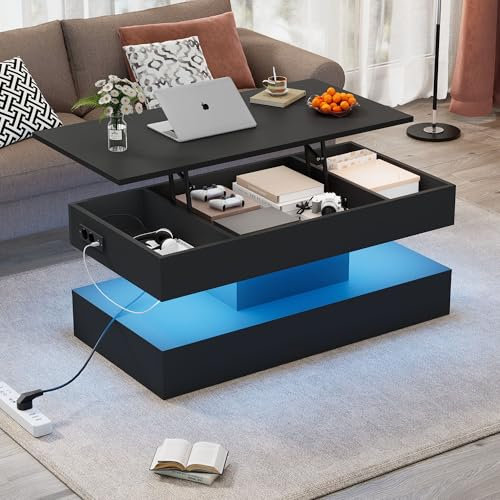 NovaFurnish Moderner Couchtisch mit LED-Beleuchtung und verstecktem Stauraum - Beistelltisch mit hydraulischem Hub, 50 kg belastbar (Schwarzer, 100X50X42cm)