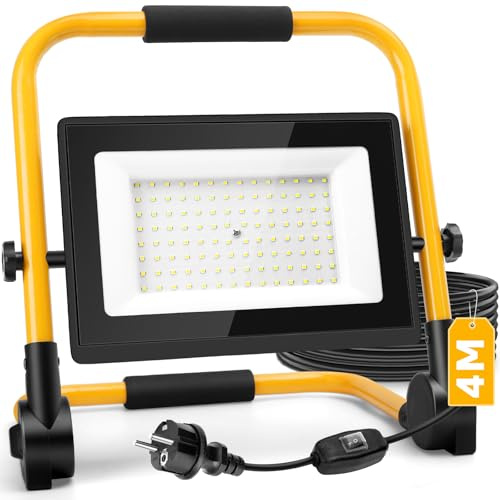 Aigostar LED Baustrahler 100W, IP65 Wasserdicht mit 4M Kabel & Schalter, 6500K Kaltweiß – Robuste Arbeitsleuchte für Werkstatt & Baustelle