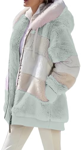 Giacche in pile da donna con zip intera Color Block Teddy Fleece Felpe con cappuccio Felpa invernale Fuzzy Fluffy caldo maglione cappotti Plus Size Maglione a maniche lunghe Outwear