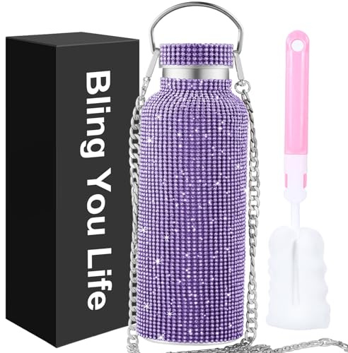 Bling Water Bottle Rhinestone,Diamond Cup,Glitter Stainless Steel Thermal Bottle with 55In Chain,Sparkly Gifts for Girls Women,Rhinestone Tumbler for Anniversary,Birthday (Purple)
