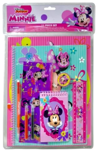 Disney Junior Minnie Mouse 11 Piece Stationery Set, Kids School Supplies with Notebook, Pencils and Ruler, Pink and Purple