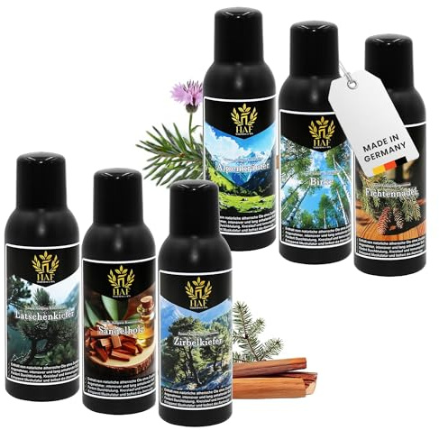 HAF Saunaaufguss Set „Naturkraft“ - 6 x 250ml Sauna Aufgussmittel Alpenkräuter, Birke, Fichtennadel, Latschenkiefer, Sandelholz, Kiefer - Saunaduft mit natürlichen ätherischen Ölen & ohne Zusätze