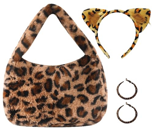 Crunier 3 Stück Leopard Umhängetasche Damen, Leopardentaschen mit Leopardenohren Haarreif, Ohrringe, Handtasche Leopardenmuster, Leopard Kostüm Accessoires für Karneval Halloween Party
