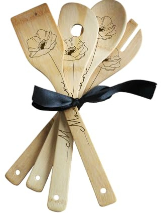 Set de 4 Cuillères en bois bambou Personnalisées – Gravées – Motif Fleurs (Coquelicot, Rose, Pivoine) – Cadeau Maman/Mamie/Prénom personnalisé (Mamie coquelicot)