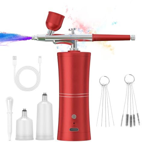 Airbrush Set mit Kompressor, Wiederaufladbare Tragbares airbrushpistole Handheld Air Brush für Nailart Make up Kuchendekoration Tattoo Modellieren Gesichtsbemalung und Airbrush Pistole Set, Rot