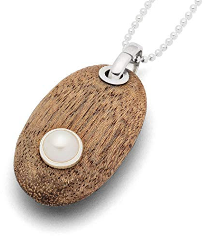 DUR Anhänger Holzkiesel oval aus echtem Treibholz | Bernstein/Kyanit/Perle/Lavasand | 925 Sterling Silber | Unikat Damen-Schmuckstück