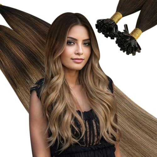 Ugeat Balayage Extensions Echthaar Bondings Braun Blond Extensions Keratin Bondings Echthaar Glatt Dunkelbraun Balayage Mittelbraun Ombre Dunkelblond Keratin Tip Extensions 50 Strähnchen 50G 45cm