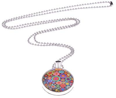 Adi Modeschmuck Kette Samara, 70cm lange Kugelkette mit einem runden 25mm Anhänger mit beidseitig bunten Motiven unter Glas Cabochons, handgearbeitet in Berlin (Motive 1)