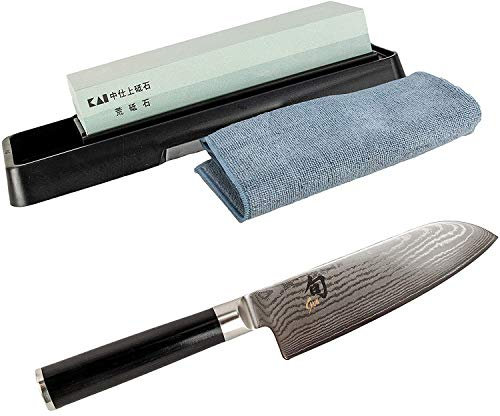 Kai Shun Classic Bundle, DM-0727, ultrascharfes Santokumesser, 14 cm Klinge + KAI-Schleifstein AP-0305+ Poliertuch
