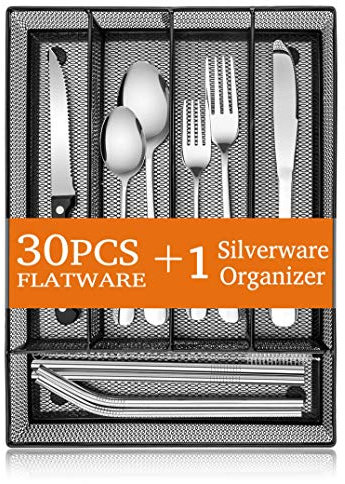 Efar Juego de cubiertos de acero inoxidable, 31 piezas, para 4 personas, con utensilios de red, organizador de cajones, incluye tenedores, cucharas, cuchillos, cuchillos de carne, pajitas, pulidos y