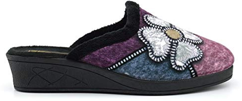 Sleepers Kimberly Womens Mule Slippers with Low Wedge Heel Black/Purple/Blue