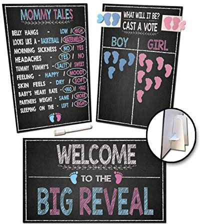 Gender Reveal Board Games 17/11 with Stand, 48 Blue and Pink Voting Stickers, Welcome Sign, Erasable White Marker and Clips, Party Supplies Decorations, Photo Props Centerpiece