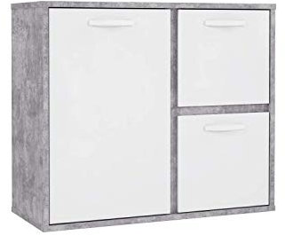 FORTE Canmore Kommode mit 3 Türen, Holzwerkstoff, Betonoptik Lichtgrau / Weiß Hochglanz, 99,5 x 86,3 x 41,5 cm