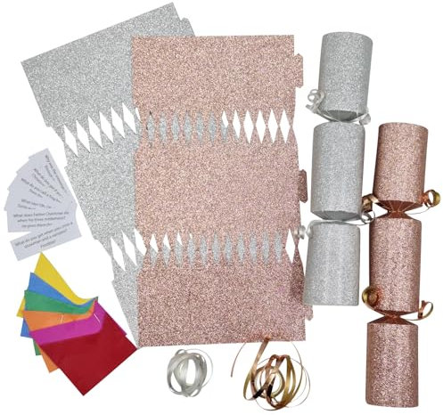 evelay 12 Make Your Own Christmas Cracker kit Crackers Hats Snaps Red Gold Green Blue Pink White Silver Glitter Crackers (Rose Gold and Silver Glitter)
