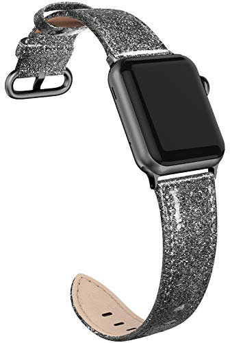 PARMPH Bracelet en cuir véritable compatible avec Apple Watch 38 mm, 40 mm, 41 mm, brillant, fin, élégant, compatible avec iWatch Series 7 6 5 4 3 2 1 SE pour femme, noir pailleté