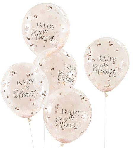 Ginger Ray Lot de 5 ballons transparents pour fête prénatale avec confettis or rose remplis « Baby in Bloom »