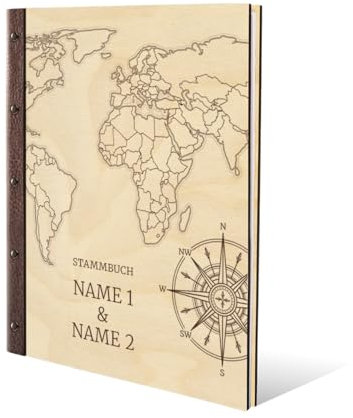Familien Stammbuch Birkensperrholz mit Lederrücken Holzcover mit individueller Gravur inkl. Extras DIN A4 hoch 240x310mm - Weltkarte