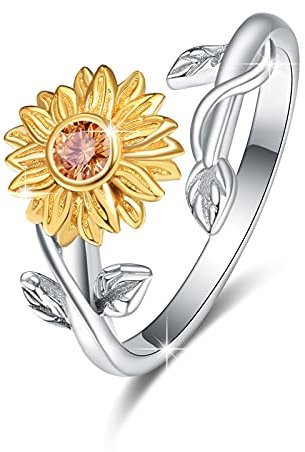 AOVEAO Sonnenblumenringe für Damen, 925er-Sterlingsilber, Sonnenblumenring, Zirkonia, You are My Sunshine, verstellbar, offener Bandring, Sonnenblumen-Schmuck, Geschenke für Mädchen, Größe 7–8,