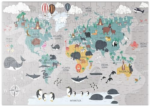 MyPuzzle Die Weltkarte mit Cartoon-Tieren für Kinder - Premium 200 Teile Puzzle - MyPuzzle Sonderkollektion von Puzzle Galaxy