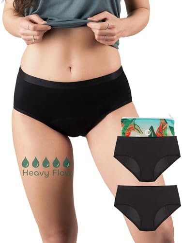 Perioden-Slip, Nighttime Hipster Heavy Flow, Nachtwäsche für Damen, Menstruations-Unterwäsche Nacht, Bambus-Viskose, atmungsaktiv, schadstoff-frei bei starker Blutung, schwarz, Größe L, Doppelpack