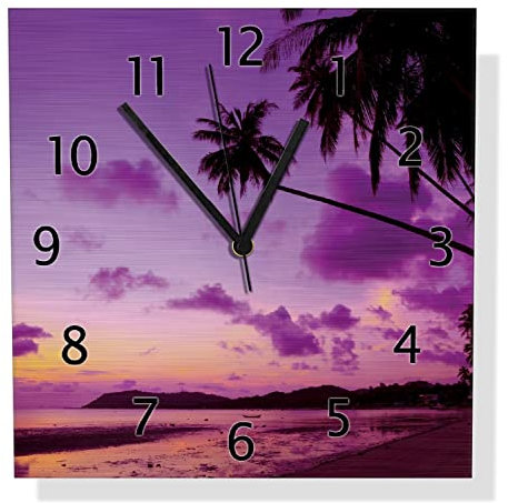 Wallario Design Wanduhr Sonnenuntergang unter Palmen Himmel in lila und orange aus Aluverbund, Alu-Uhr Größe 30 x 30 cm, Schwarze Zeiger mit Metalloptik