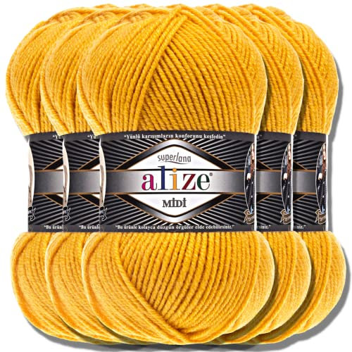 Alize 5 x 100g Superlana Midi Türkische Premium Wolle Baumwolle und Acryl Uni Handstrickgarne | Yarn | Garn | Strickgarn Einfarbig Baby zum Häkeln Stricken Kleidung Schals (Yellow | 488)