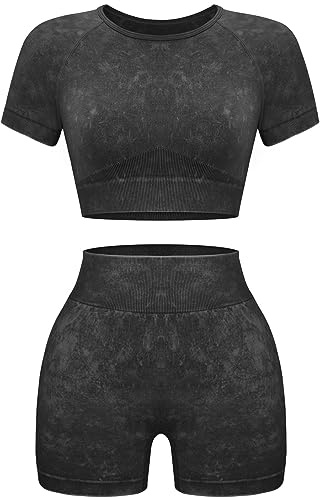 OLCHEE Damen Workout-Set 2-teilig – nahtlose säurehaltige Waschung Yoga-Outfits Shorts und kurze Ärmel Crop Top Gym Athletic Kleidung, Kurzarm + Shorts: schwarz, Small