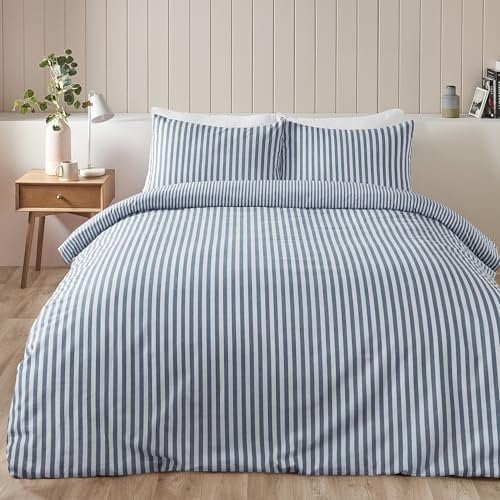 Catherine Lansfield Brushed Stripe Cotton Reversible Double Duvet Cover Set with Pillowcases Blue