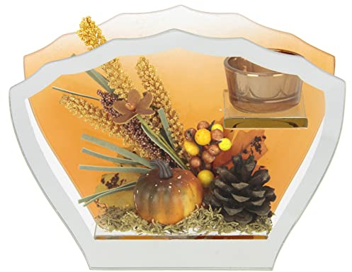 Teelichthalter aus Glas mit Teelichtkerze herbstlich dekoriert mit Zapfen Beeren Kürbis Herbstlaub Deko Kunstblumen Kerzenständer Kerzenhalter Tischdeko Kerze Windlicht Dekoobjekt Skulptur Dekoration