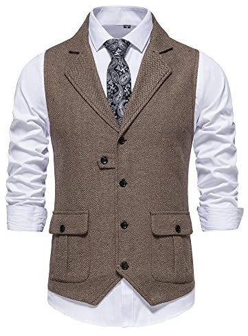 MakingDa Herren-Weste Formell Casual V-Ausschnitt Tweed Anzug Westen Business Freizeit Fischgrätmuster ärmellos Einfarbig Slim Fit Hochzeit Party Anzugweste mit Tasche-Braun-2XL
