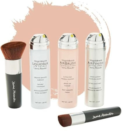 Jerome Alexander Magic Minerals AirBrush Foundation Set 5 St.Foundation + Primer & Fixier Spray + 2 Pinsel – Integriertes Make-up mit Hautpflege feuchtigkeitsspendend (Fair, 50 + 50 + 45 ml)