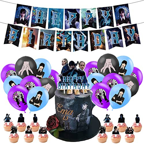 Ropniik Wednesday Geburtstagsdeko, 32 Stück Wednesday Luftballons, Geburtstag, Banner, Cake Topper, Cupcake Topper für Kinder Party Dekoration