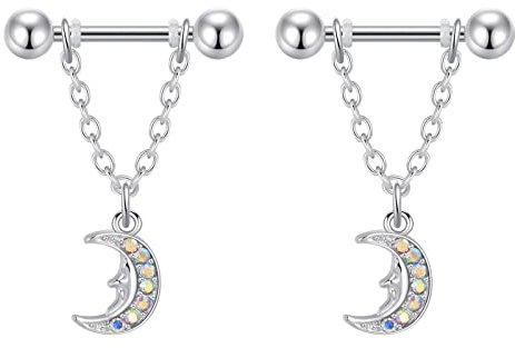 Longbeauty 14G Brustwarzenpiercing Brustpiercing Nippel Ringe Barbell Intim-Piercing mit Anhänger Edelstahl CZ Körperschmuck, 1 Paar, Mond, Silber