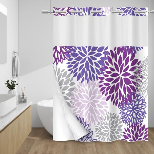 WITHLOC Duschvorhang ohne Haken mit Einrasteinsatz – Dahlie Floral Duschvorhang – Stoff wasserdichtes Innenfutter, Pflanzen lila graue Blumen, moderne Stoff-Duschvorhänge – maschinenwaschbar, 180 x