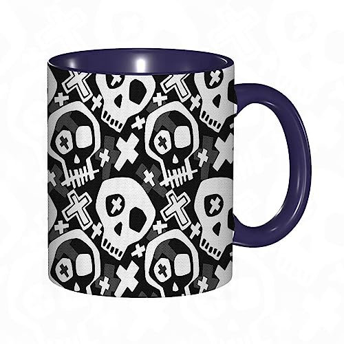 Tasse Keramik Kontinuierliches Muster im zeitgenössischen Goth-Stil mit Skelettköpfen Kaffeetassen Große 330ml Mit Henkel 100% Handbemalt Trinkgläser Mit Griff Personalisierte Geschenk