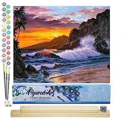 Figured'Art Peinture par Numéro Adulte Falaise et Vagues - Activité Manuelle Kit de Loisir Créatif DIY Numéro d'Art Complet - 40x50cm avec châssis en bois à monter