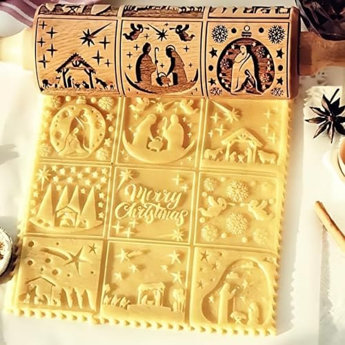 Weihnachts Nudelholz, Teigroller mit Muster, 3D Motiv Geprägt Nudelholz, Weihnachten Hölzern DIY Präge Nudelholz für Hausgemachtes Bäck Gebäck Cookie (Jesus)