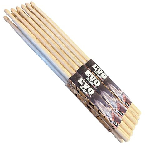 EVO Drumsticks - Bacchette per batteria professionali modello 5B in hickory, noce americano con punta in legno, punta a ghianda, legno a stagionatura naturale, made in Italy - 6 pair pack
