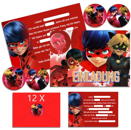 OSOFREE 12x Ladybg Einladungskarten Kindergeburtstag Mädchen mit Umschlag Deutsch, Kindergeburtstags Party Einladungen, Cartoon Geburtstag Einladungskarten Set für Themed Party (A6)