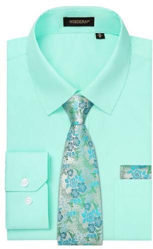 HISDERN Hellgrün Herren Hemd mit Krawatte Set Formelle Businesshemden Langarm Arbeit Hochzeit Hemden Regular Fit XL