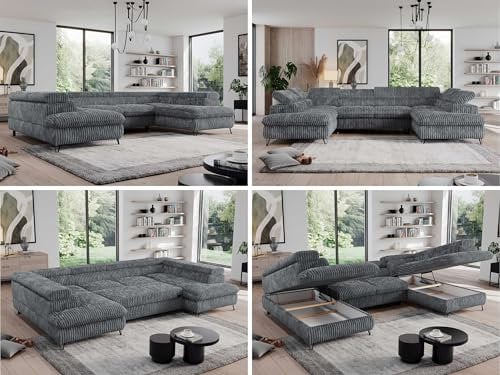 MKS MEBLE Cord Sofa U, Wohnlandschaft U-Form, Ecksofa mit Schlaffunktion und Bettkasten, Schlafsofa mit Bettkasten, Couch mit Verstellbare Kopfstützen - Pedro U - Dunkelgrau Cord