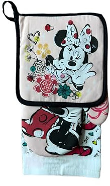Mickey Minnie und Stitch Character Collection – 3-teiliges Set mit Ofenhandschuhen, Topflappen und Geschirrtuch – Küchendekoration und unverzichtbares Zubehör für Lilo- und Stitch-Fans (1, Minnie Pink