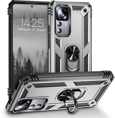 LBH Outdoor Hülle für Xiaomi 12T / 12T Pro Armor Militär Stoßfest Handyhülle 360 Grad Metal Ring Halter Ständer Schutzhülle für Handyhalterung Auto Magnet Silber